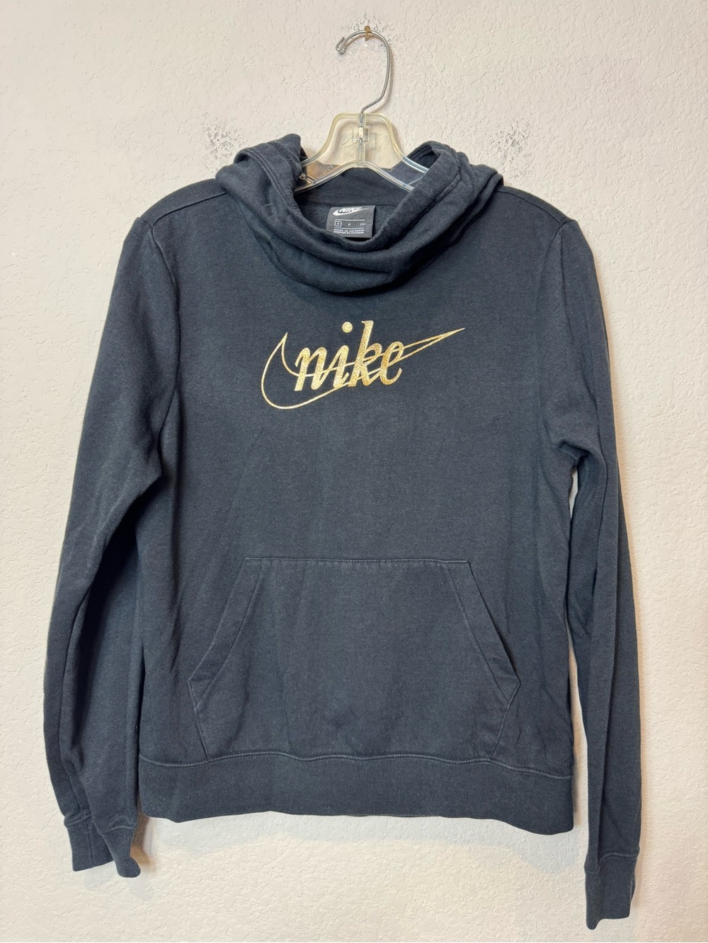 Nike Women’s Black Cowl Neck Hoodie with Gold Glittery Script Logo Athleisure S